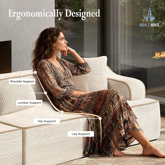 HERA'S HOUSE 105" Cloud Sectional Couch, Modular Upholstered Sofa with Wide Armrest, Corduroy Boneless Couches with 4 Throw Pillows for Living Room, No Assembly Required, Beige