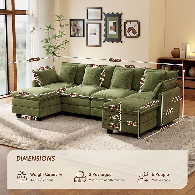 Ihanherry 106" U-Shaped Modern Sofa Modular Sectional Cloud Couch 6-Seat Chenille Seat Sofa with Ottoman for Living Room, Bedroom and Apartment, Green