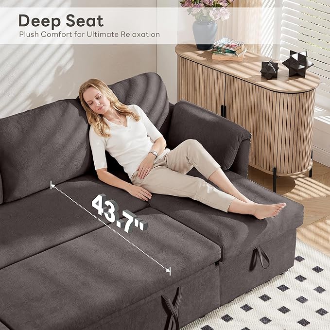 Tbfit 109'' Pull Out Sofa, Sleeper Sofa Bed with USB & 2 Storage Chaises, Comfy Oersized U Shaped Convertible Sectional Sleeper Couches for Living Room, Apartment, Office, Dark Gray