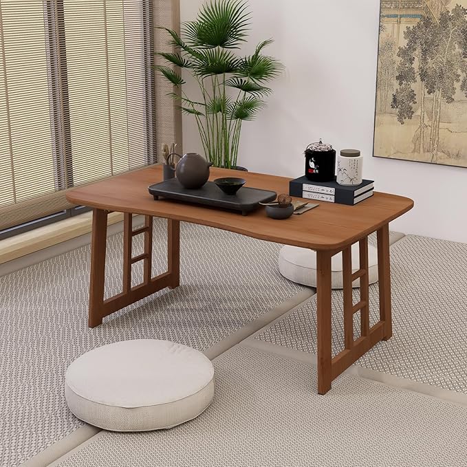 Japanese Bamboo Folding Floor Table for Sitting on Floor, Tatami Table Foldable, No Assembly, Low Tables for Small Spaces Living Room/Portable Zen Chabudai for Meditation - Walnut