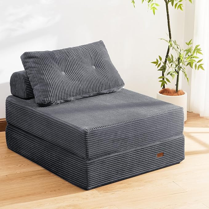 Folding Chair Bed, Convertible Sofa Bed with Backrest and Pillows,Fold Out Chair Bed with High-Density Foam, Perfect for Living Room 、Bedroom、Balcony 、Hotel 、Apartment ， Single, Dark Gray