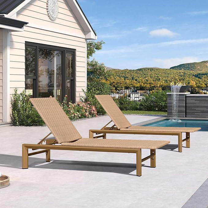 PURPLE LEAF Oversize Patio Wicker Chaise Lounge 2 Piece, Aluminum Outdoor Pool Lounge Chair with Adjustment Backrest, Breathable Lounger Sunbath Tanning Recliner for Poolside, Garden, Light Brown