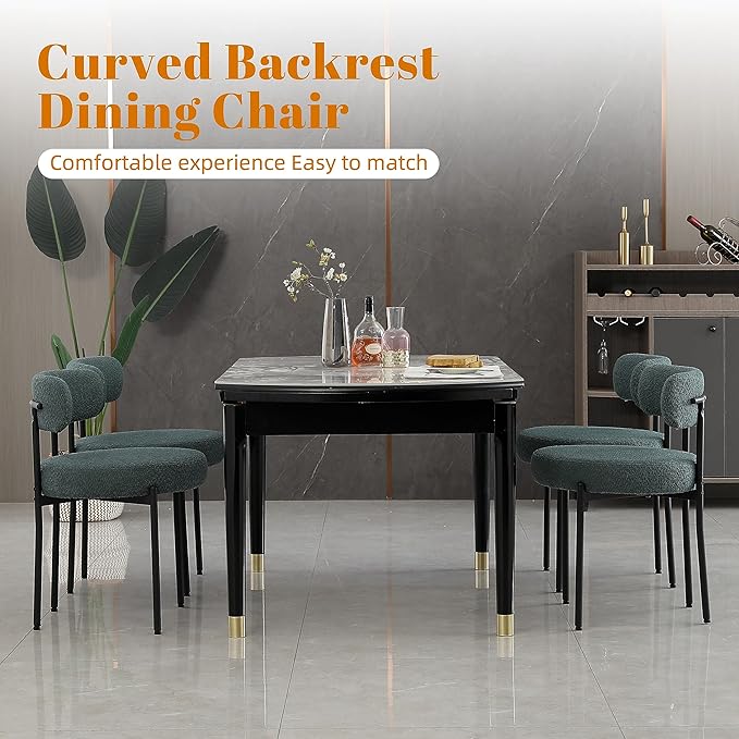 DYHOME Dining Chair One Chair for Kitchen Dining RoomUpholstered Boucle Dining Chair with Black Metal Legs,Curved Backrest Modern Dining Room Chair,Green