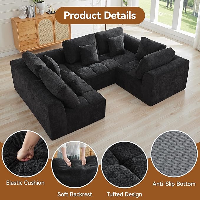 110''Modular Sectional Couches for Living Room, Cloud Boneless Compressed Sectional Sofa, Oversized U Shaped 5 Seater Upholstered Memory Foam Sofa, No Assembly, Chenille Black