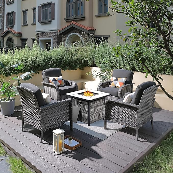 ovios 4 Pieces Patio Furniture Set with 30" Fire Pit Table, Outdoor Wicker Chairs of 4, All Weather High Back Rattan Chairs 4-Seater with Comfy Cushions, Black