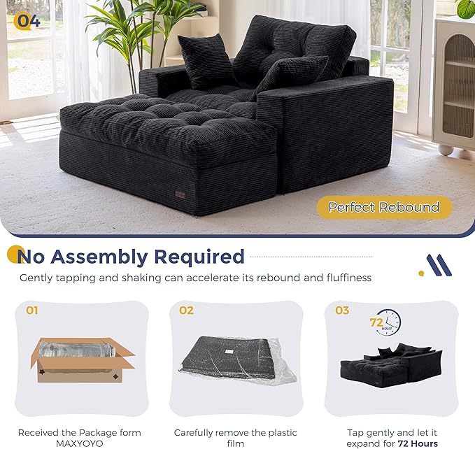 MAXYOYO Oversized Chaise Lounge Sofa, Upholstered Lounge Chair with 3 Pillows, Tufted Boneless Sofa Couch with Ottoman, Deep Seat Sleeper Chair for Living Room, Bedroom, No Assembly, Black
