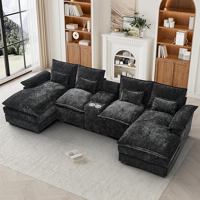 HYJT-H&K 124" U Shaped Cloud Couch Sectional, Comfy Fluffy Chenille Black Sectional Couches for Living Room, Modern Modular Sectionals Sofa with Central Console Double Chaise Lounge Black Grey