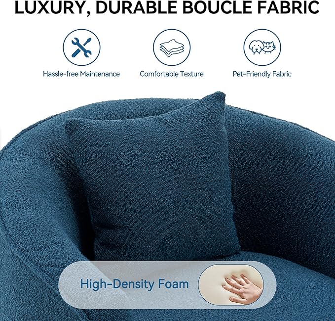 FaFaSoGoodFa Swivel Accent Chair Set, Modern Upholstered Boucle Barrel Arm Chairs with Pillow for Living Room, 360 Degree Round Swivel Sherpa Armchair with Round Base for Bedroom Club (2, Dark Blue)