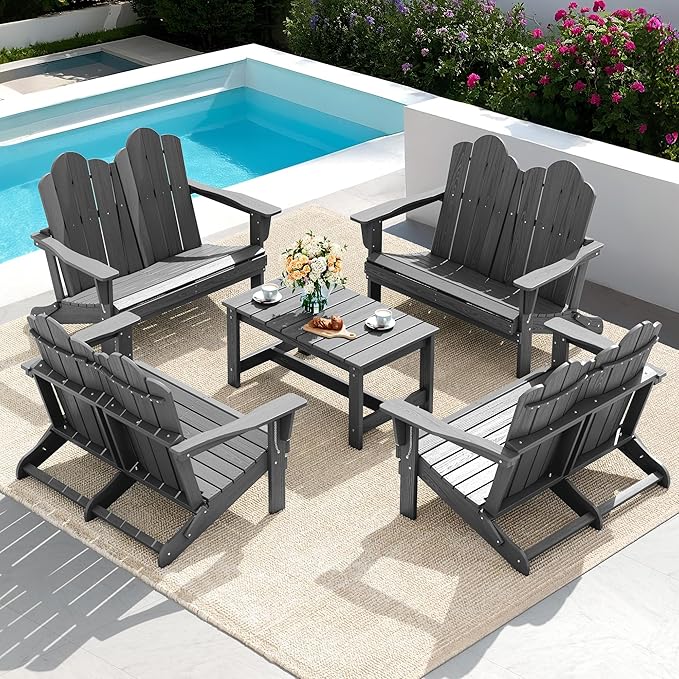 SERWALL Folding Adirondack Bench, HDPE All-Weather Adirondack Loveseat Set of 2, Grey