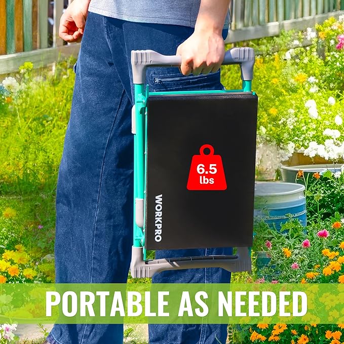 WORKPRO Garden Kneeler and Seat, 10" Wider Heavy Duty Foldable Gardener Stool with 2 Tool Bag Pouchs, NBR & EVA Foam Pad, Outdoor Portable Kneeler Bench for Gardening