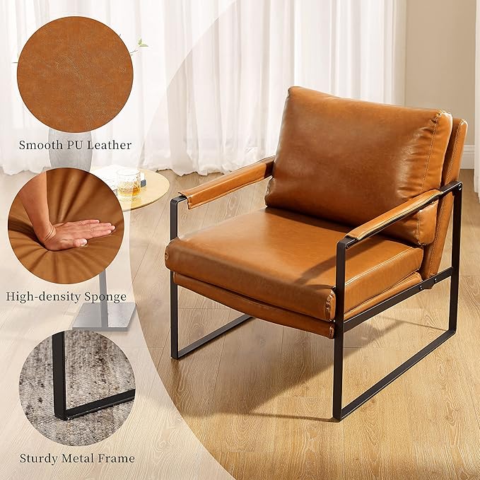 Volans Mid Century Modern Accent Chair with Arms for Living Room, Faux Leather Accent Chairs for Lounge, Metal Frame Armchair Reading Chair Single Sofa for Bedroom Office, Brown