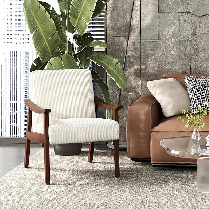 Yaheetech Corduroy Accent Chair, Mid-Century Modern Armchair with Solid Wood Legs, Reading Leisure Chair with High Back for Living Room Bedroom Waiting Room Beige