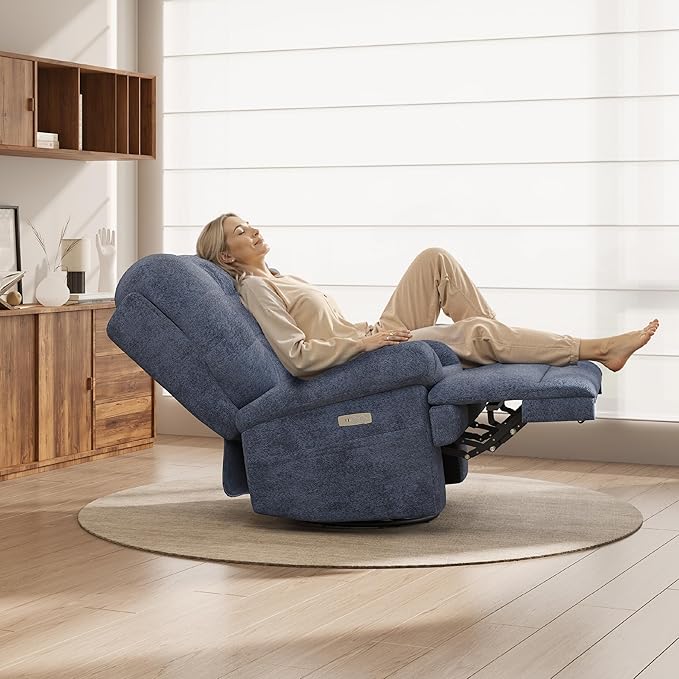 COLAMY Floren Power Swivel Recliner Chair with USB & Type-c Charge, Oversized and Padded Upholstered Deep Seat and Armrest, Rocking Recliner with Double Storage Pockets, Blue