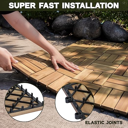 VICTORY RELAX Acacia Wood Decking Tiles 9PCS - Easy Snap Interlocking Deck Tiles for Patio Poolside Balcony Decor - All Weather Waterproof Flooring for Indoor & Outdoor (Round Joints)