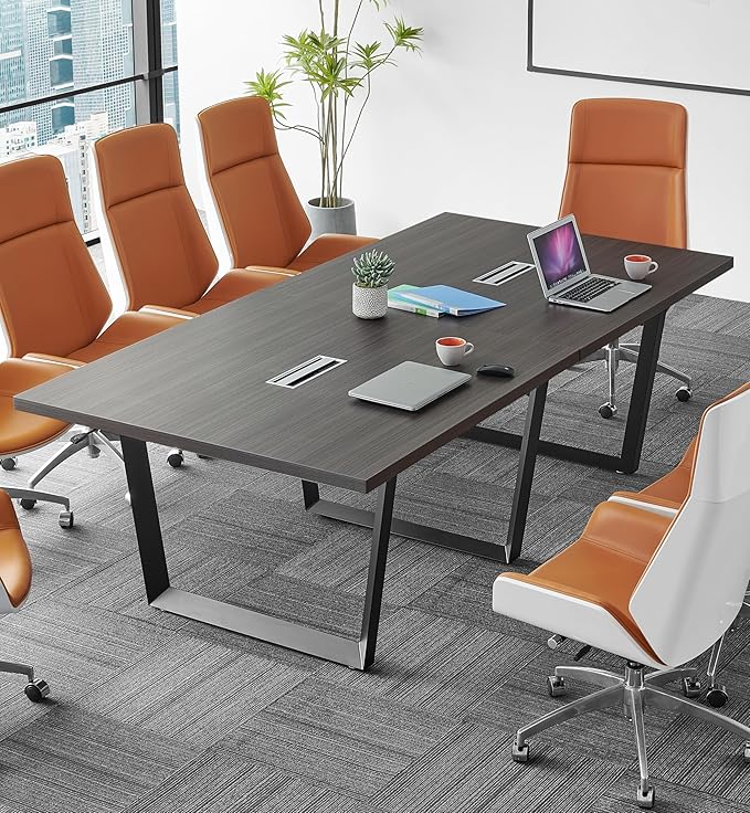 ahliss Sturdy Conference Table with Cable Management Grommets Modern Rectangle Office Meeting Table with Wood Tabletop and Metal Frame & Legs- Easy Assembly Boardroom Table (Grey, 8 Foot)