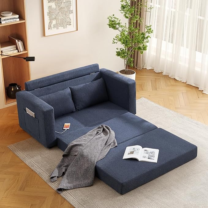 Chorlenimi Convertible Sofa Bed Comfy Linen Sleeper Sofa with Storage Pockets,USB Charging Port,Futon Floor Couch for Living Room,Bedroom,Apartment (Blue, 48 Inches)