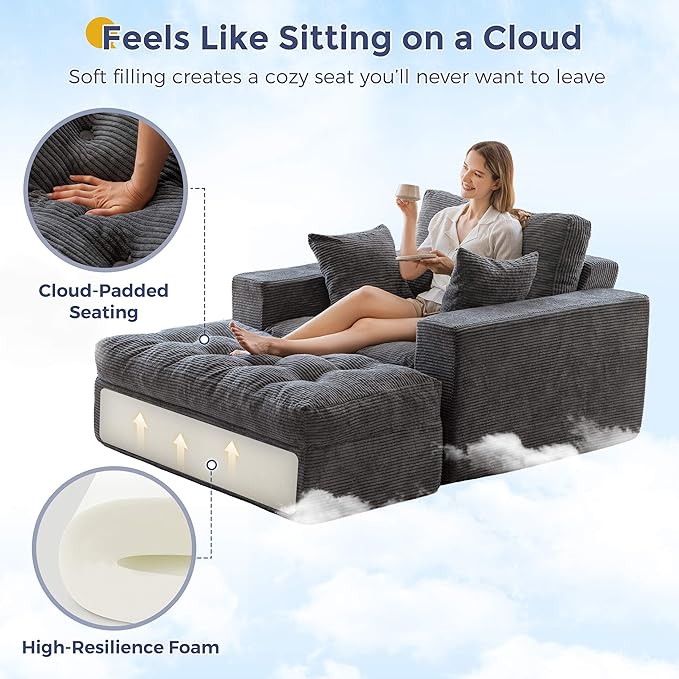 MAXYOYO Oversized Chaise Lounge Sofa, Upholstered Lounge Chair with 3 Pillows, Tufted Boneless Sofa Couch with Ottoman, Deep Seat Sleeper Chair for Living Room, Bedroom, No Assembly, Dark Grey