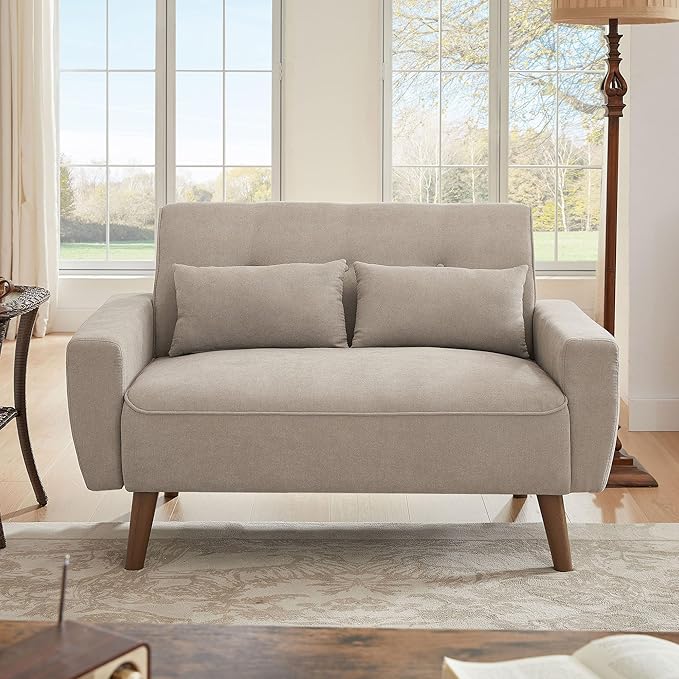 48" Loveseat Sofa, Mid Century Modern Small Couches for Living Room Bedroom Apartment, 2 Seater Love Seat, 2 Throw Pillows and Plastic Legs, Beige