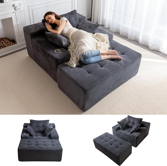 MAXYOYO Oversized Chaise Lounge Sofa, Upholstered Lounge Chair with Tufted Craft, Boneless Sofa Couch with Ottoman, Deep Seat Sleeper Chair, No Assembly, Grey