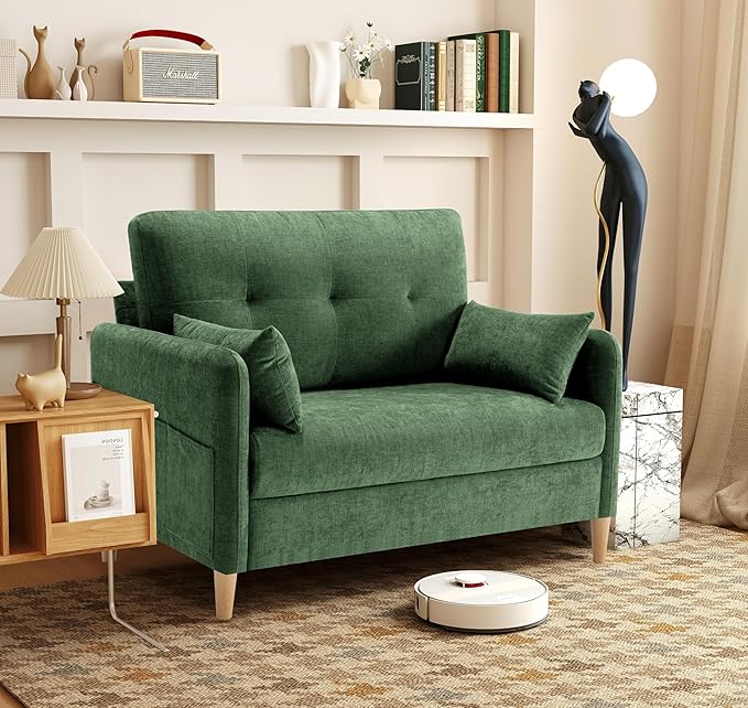 47" Small Sofa Couch for Bedroom, Soft Chenille loveseat Mini Couch with Throw Pillow and Removable Cushion Cover for Small Spaces, Living Room, Apartment, Dorm, Office(Green)