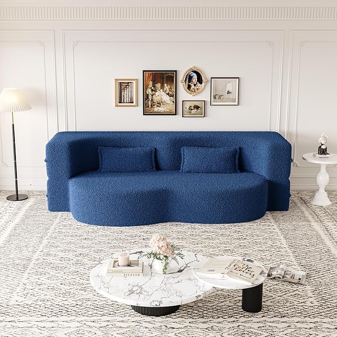 Modern Floor Sofa with 2 Pillows, Convertible Teddy Fabric Foam-Filled Sleeper Sofa Bed for Living Room, Guest Bed, Playroom, No Assembly Required, Blue
