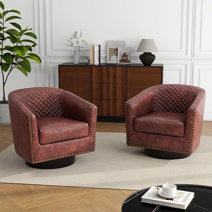 DREAMSIDEA Swivel Barrel Accent Chair, Comfy Modern Upholstered Round Faux Leather Arm Chair for Living Room, Bedroom（Red Brown, Set of 4