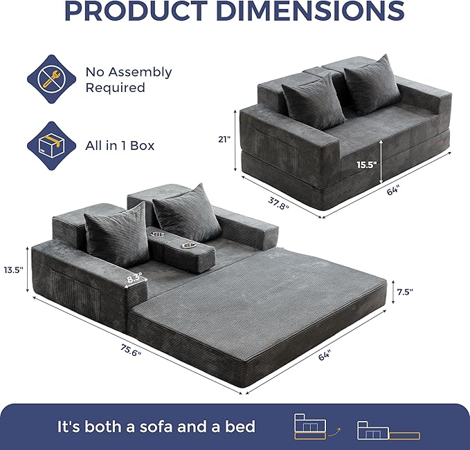 MAXYOYO Loveseat Sofa Bed, 64" Foldable Floor Sofa Couch in A Box with 2 Cup Holders, 4 in 1 Convertible Boneless Couch Folding Recliner Sleeper Chair for Living Room, No Assembly Required, Dark Grey