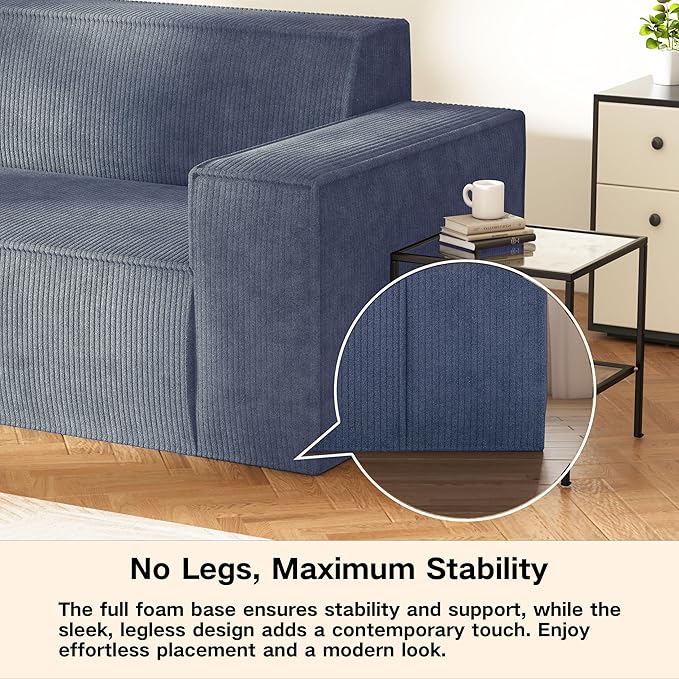 Swbvs Sofa-in-a-Box, Memory Foam 3-Seater Couch, No Installation & Easy to Transport, Deep Seat Modern Sofa with Corduroy Fabric, Couch for Living Room, Bedroom, Apartment, Home Office,Grey