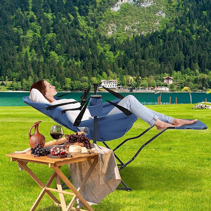 GDY Camping Chairs, Oversized Hammock, Folding Rocking Chairs, Adjustable Back Swing Chairs, Cup Holder, Outdoor Beach Lawn, Navy Blue.