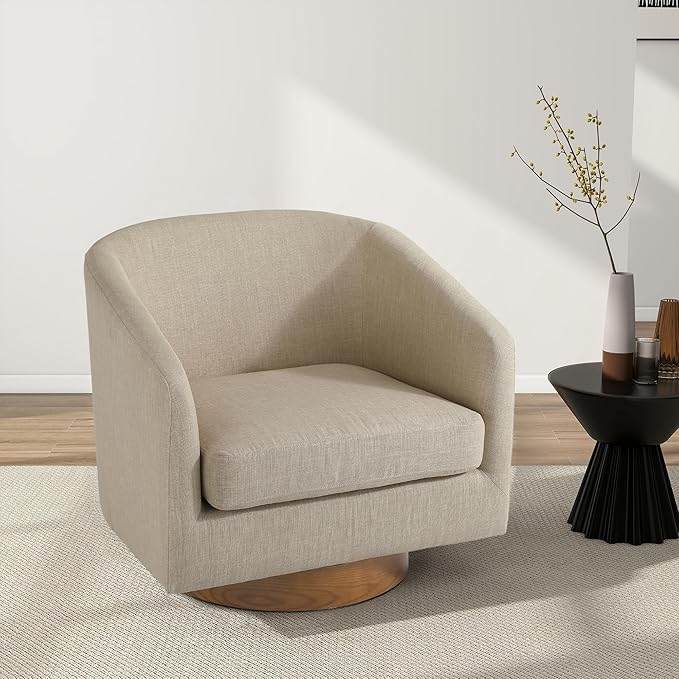 Swivel Barrel Chair, Modern Round PU Leather Accent Armchair for Living Room, Bedroom, Oversized Comfy Club Reading Chairs for Adults (Fabric Light Brown, Set of 1)
