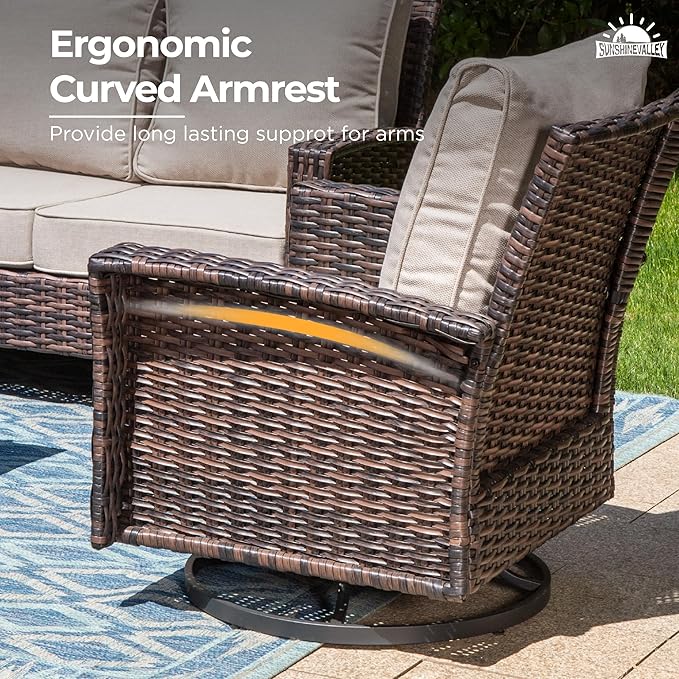 SUNSHINE VALLEY 6 Pieces Patio Furniture Set with Swivel Chairs, High Back Wicker Rattan Sofa with Extra Thick Cushion and Coffee Table, Outdoor Conversation Set for Garden Backyard Deck,Beige