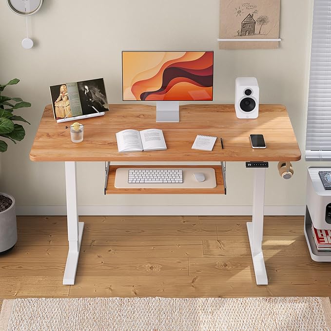 FEZIBO Standing Desk with Keyboard Tray, 40 x 24 Inch Adjustable Height Sit Stand Desk with Memory Presets for Home Office, Ergonomic Computer Workstation, Light Rustic