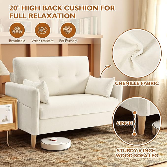 47" Small Sofa Couch, Soft Chenille loveseat Mini Couch with Throw Pillow and Removable Cushion Cover for Small Spaces, Bedroom, Apartment, Dorm, Office, Living Room(Beige)