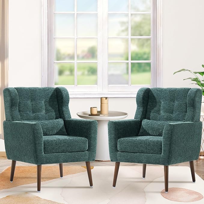 QKFF Modern Accent Chair, Upholstered Armchair with Pillow, Fabric Single Sofa Chair with Lounge Seat and Wood Legs Accent Chair for Living Room Bedroom Small Spaces (Blackish Green, Set of 2)