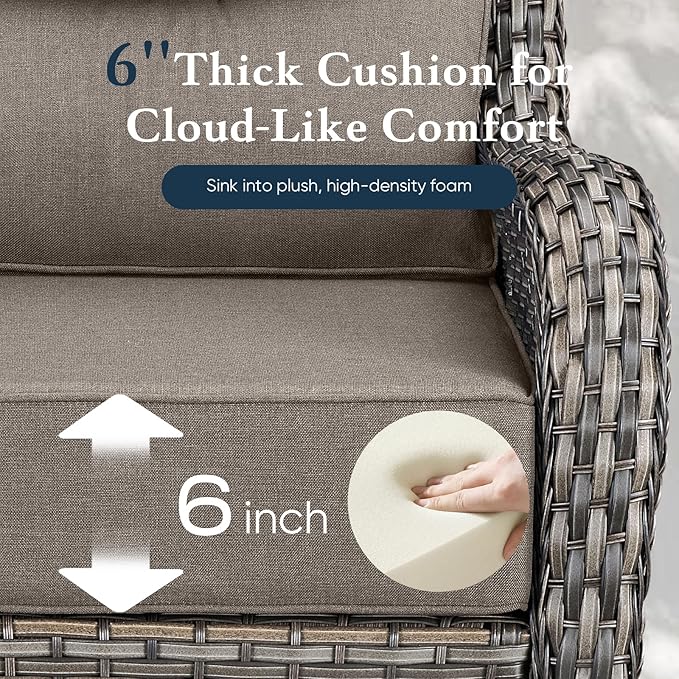 Belord Luxury 6" Thick Cushioned 11 Pieces Patio Furniture Set with Outdoor Couch, Wicker Outdoor Conversation Set with High Back Swivel Rocker Chairs for Deck Porch Yard and Poolside - Grey+Grey