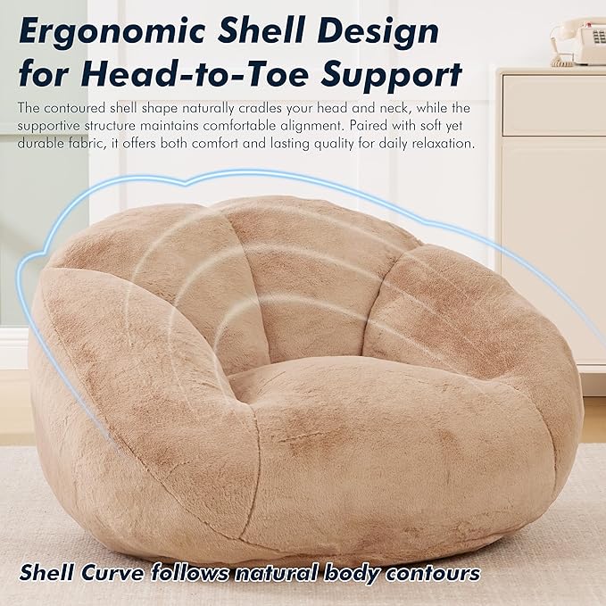 3.28 Feet Bean Bag Chair for Adults, Shell-Shaped Bean Bag Lazy Couch, Faux Fur Cloud Sofa Chair, Lounge Floor Sofa with Filler for Reading, Gaming & Watching, No Assembly Required (Camel)