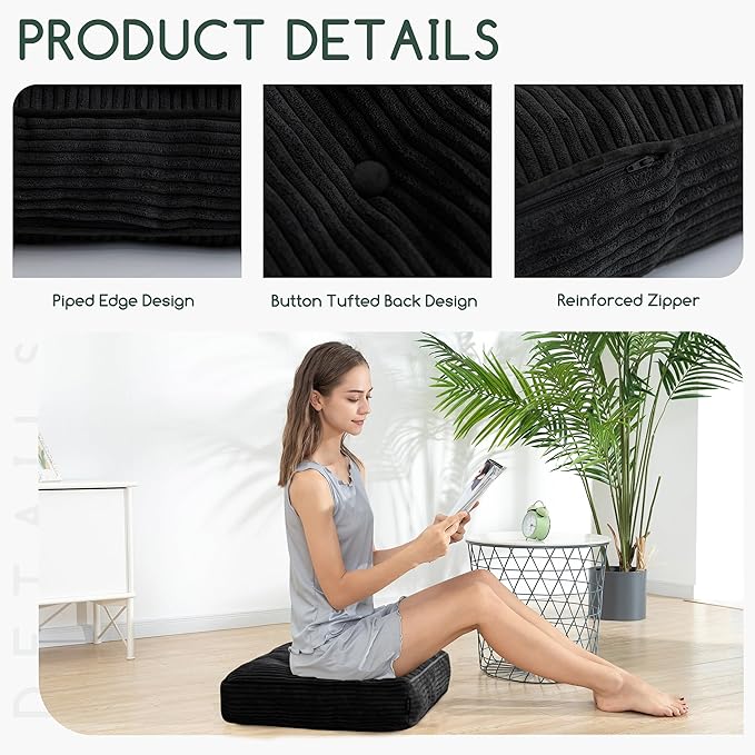 Tufted Corduroy Recliner Seat Cushion for Elderly, High Density Foam Large Square Seat Cushion for Recliner Chair, Floor Pillow, Office Chair, Car, No Pressure on Thighs, 20x20x4