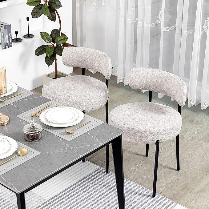 DYHOME Light Grey Boucle Dining Chairs Set of 4, Upholstered Kitchen Dining Room Chairs with Metal Legs, Round Modern Dining Room Chairs