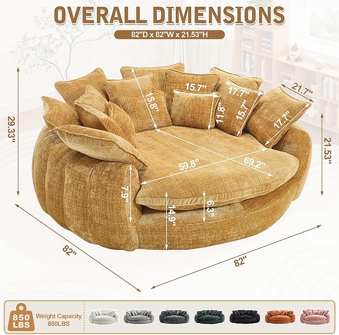 82'' Oversized Upholstered Sofa Bed, Round Chaise Lounge Chair Indoor, Modern Chenille Boneless Couch, No Assembly Required, Plush Sleeper Chair with 14 Pillows for Living Room, Yellow
