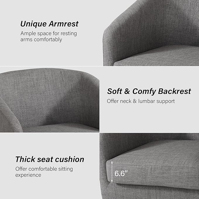 Swivel Barrel Chair, Modern Round PU Leather Accent Armchair for Living Room, Bedroom, Oversized Comfy Club Reading Chairs for Adults (Fabric Grey, Set of 1)