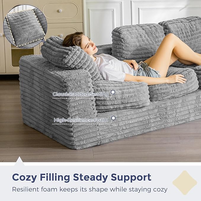MAXYOYO 3-Seater Boneless Sofa Couch, Modern Faux Fur Sofa for Living Room, Soft Bean Bag Chair High-Density Foam Couch with Pillows, No Assembly Required