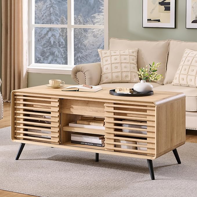 RedLemon 48" Lift top Coffee Table, mid Century Modern Coffee Table with Slatted Sliding Door, Hidden Storage Compartment, 4 Storage Shelves, Center Table for Living Room, Office, Natural Oak