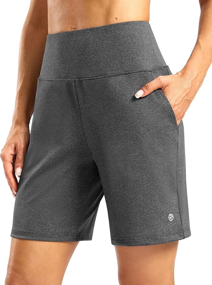 Women's Athletic Shorts with Zipper Pocket 7" High Waisted Stretchy Bermuda Shorts for Women Workout Running Casual