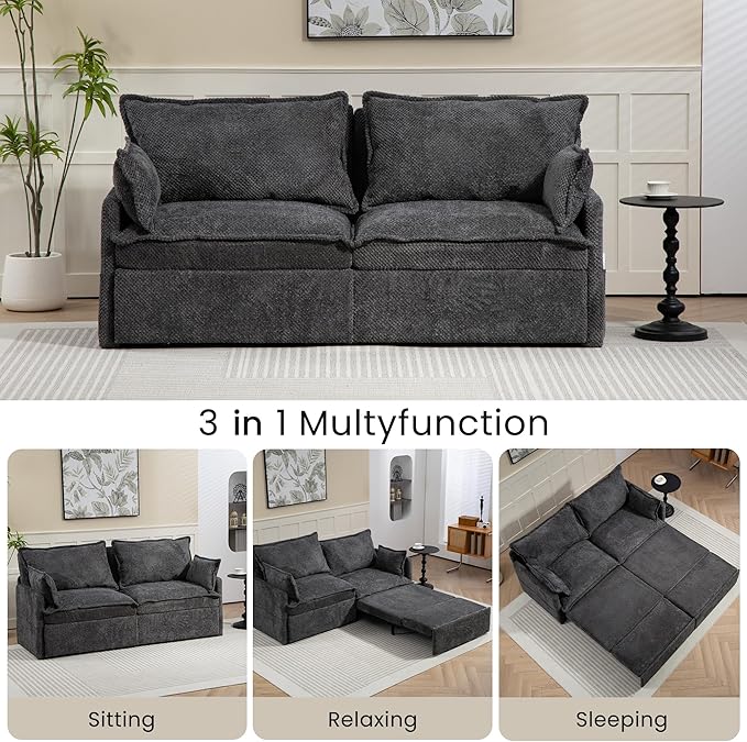 GRAINLLE King Size Pull Out Couch,3-in-1 Corduroy Sleeper Sofa with Pull Out Sofa Bed,USB & Side Storage,Convertible Loveseat Sleeper Couch for Living Room, Bedroom, pet-Friendly(Grey, 73.6'')