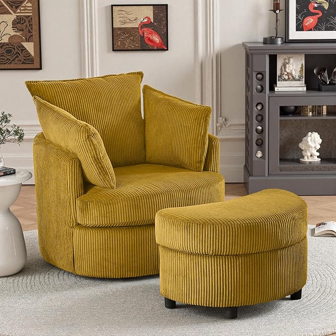 Chorlenimi Swivel Accent Chair Round Barrel Armchair Upholstered Living Room Chair Corduroy Reading Chair Single Sofa Chair for Bedroom Apartment Office (Yellow, Upgrade 1Seater+ Ottoman)