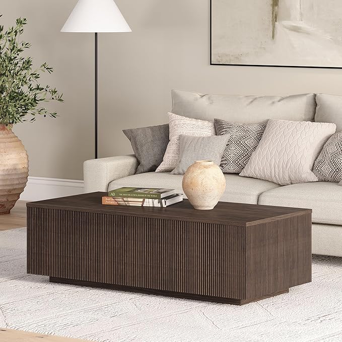 Henn&Hart 48" Fluted Rectangular Low-Profile Coffee Table for Living Room, Family Room, or Office, Alder Brown