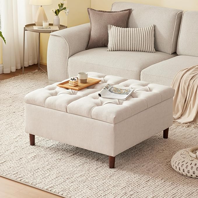 35 Inch Extra Large Storage Ottoman Coffee Table, No Assembly Required, Oversized Square Ottoman with Storage, Tufted Upholstered Ottomans Coffee Table for Living Room (Fabric, Beige)