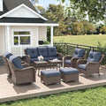 LayinSun 9 Piece Wicker Outdoor Furniture Set with 6-inch Comfy Cushions, High Back Patio Furniture Set with Swivel Rocking Chairs and Side Table