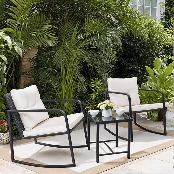 Greesum 3 Pieces Rocking Wicker Bistro Set, Patio Outdoor Furniture Conversation Sets with Porch Chairs and Glass Coffee Table, Beige