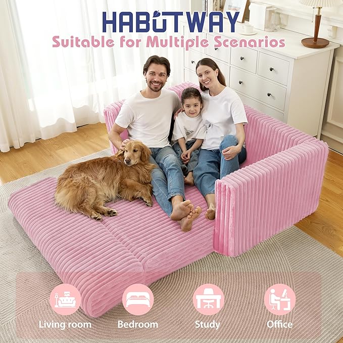 HABUTWAY Folding Sofa Bed, 2 in 1 Convertible Sleeper Chair with Armrest, Portable Fold Out Chair Bed, Comfy Floor Couch, Multi-Functional Lazy Sofa for Living Room Bedroom Dorm Home Office, Pink